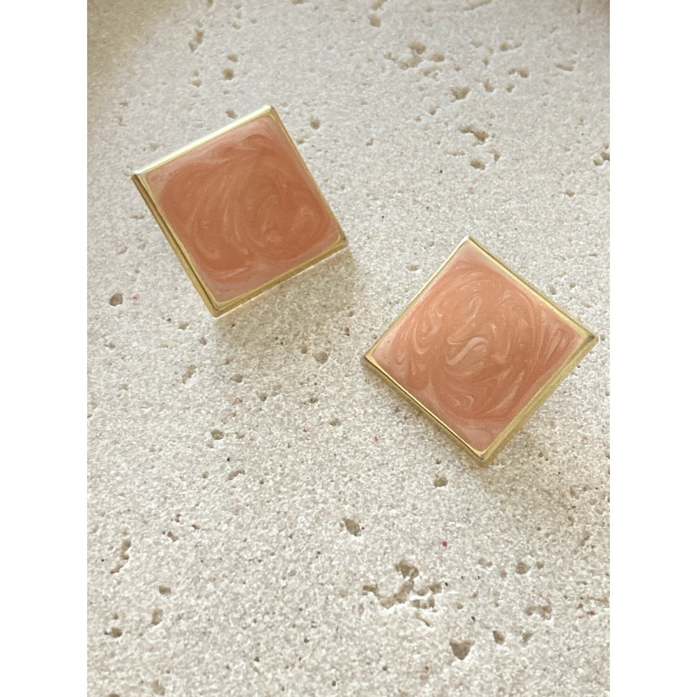 Square Blush Pink Marbled Enamel Stud Earrings Gold Tone Geometric‎ Retro Bold